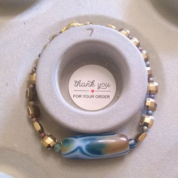 Banded Blue Agate Column & Sand Tile Bracelet! Beachy Coastal Ocean + Sand Hues - Picture 3 of 9